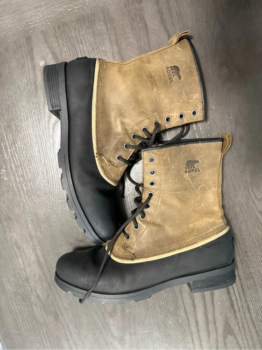 SOREL Women’s Emelie Waterproof Leather Duck Boots Brown Black Size 10